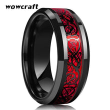 Load image into Gallery viewer, 8mm Black Mens Tungsten Rings Red Carbon Fiber and Dragon inlay - Sophornlilly