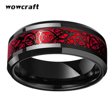 Load image into Gallery viewer, 8mm Black Mens Tungsten Rings Red Carbon Fiber and Dragon inlay - Sophornlilly