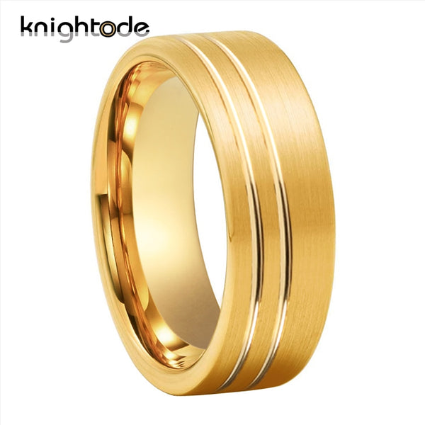 Gold Ring With 2 Offset Grooves Men Women Wedding