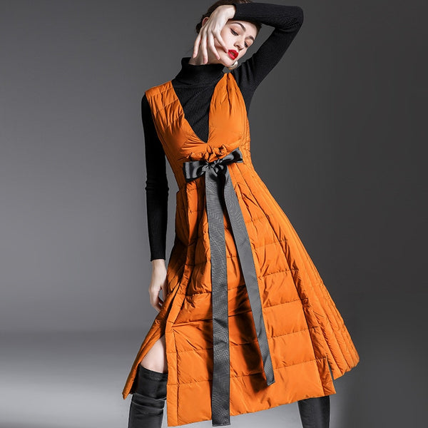 90% Duck down dress winter women's luxury fashion v neck autumn and