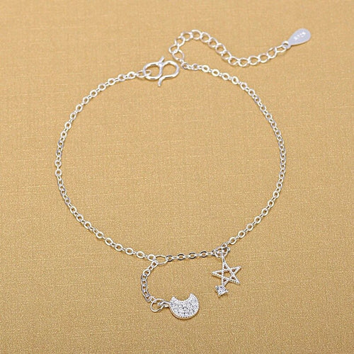 Sterling Silver Jewelry Star Moon Charm Anklet