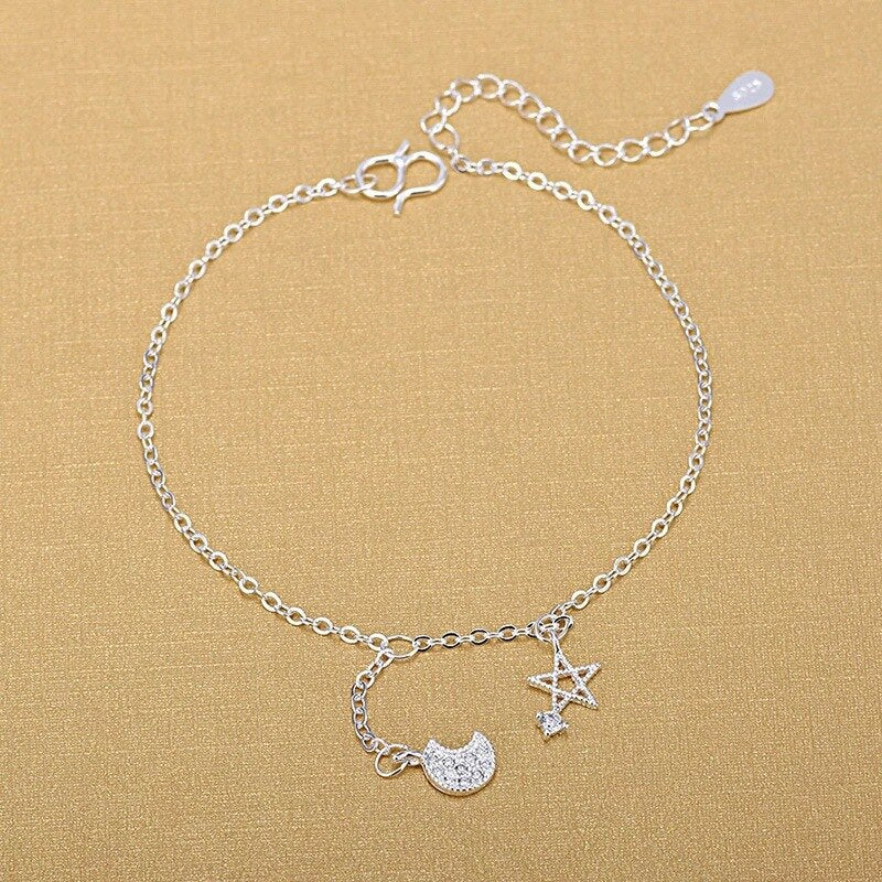 Sterling Silver Jewelry Star Moon Charm Anklet