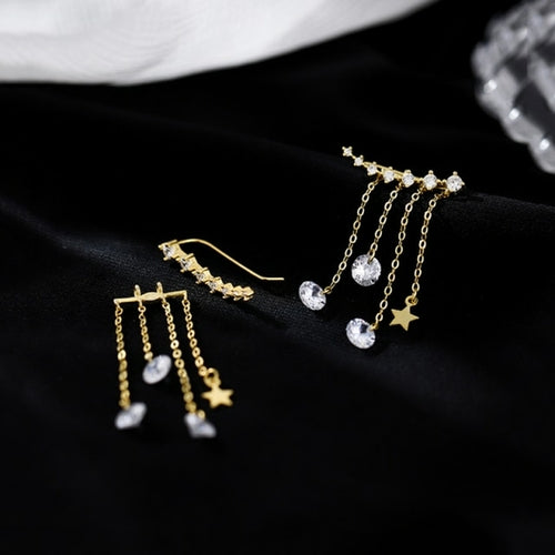 Sterling Silver Star Tassel Drop Earrings for Women Cubic Zircon