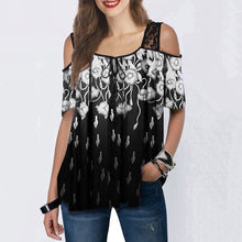 Load image into Gallery viewer, Cold Shoulder Printed Lace Patchwork Blouse Tops Short Sleeve