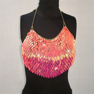 Sexy Halter Chain Scales Sequins Crop Top Summer Beach