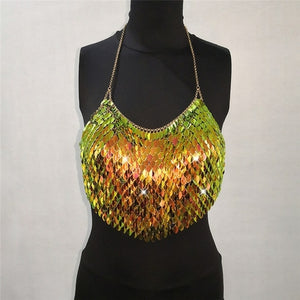 Sexy Halter Chain Scales Sequins Crop Top Summer Beach