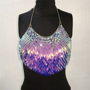 Sexy Halter Chain Scales Sequins Crop Top Summer Beach