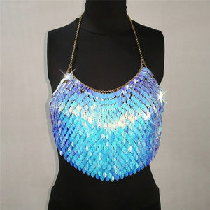 Sexy Halter Chain Scales Sequins Crop Top Summer Beach