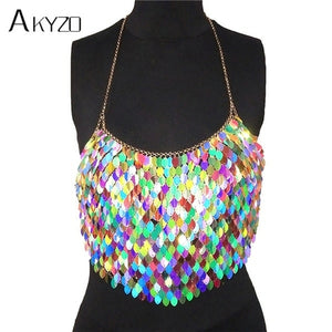 Sexy Halter Chain Scales Sequins Crop Top Summer Beach