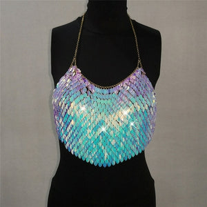 Sexy Halter Chain Scales Sequins Crop Top Summer Beach