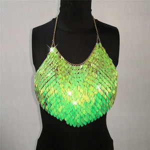 Sexy Halter Chain Scales Sequins Crop Top Summer Beach