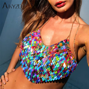 Sexy Halter Chain Scales Sequins Crop Top Summer Beach