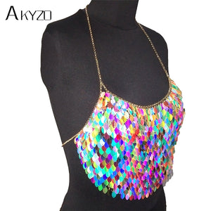 Sexy Halter Chain Scales Sequins Crop Top Summer Beach