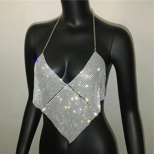 Women Halter Handmade Rhinestones Camis Shiny Beach No Back