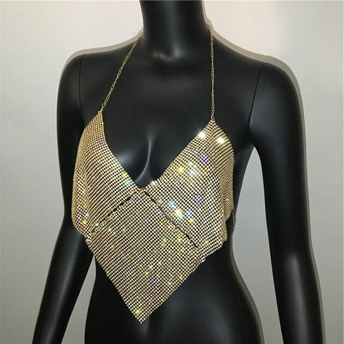 Women Halter Handmade Rhinestones Camis Shiny Beach No Back