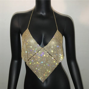 Women Halter Handmade Rhinestones Camis Shiny Beach No Back