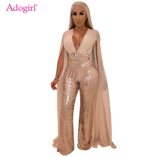 Adogirl Cape Split Extra Long Sleeve Sequins Jumpsuit Elegant Sexy