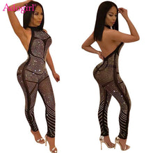 Load image into Gallery viewer, Adogirl Women Sexy Halter Diamonds Bandage Jumpsuits Open Back Slim