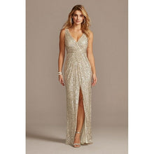 Load image into Gallery viewer, Allover Sequin Pleated V Neck Gown Slit Straps Floor Length Sleeveless