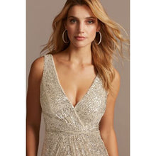 Load image into Gallery viewer, Allover Sequin Pleated V Neck Gown Slit Straps Floor Length Sleeveless