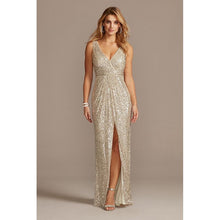 Load image into Gallery viewer, Allover Sequin Pleated V Neck Gown Slit Straps Floor Length Sleeveless