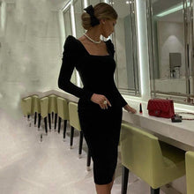 Load image into Gallery viewer, Evening Dresses Square Neck Long Sleeves Mermaid Velvet Tea