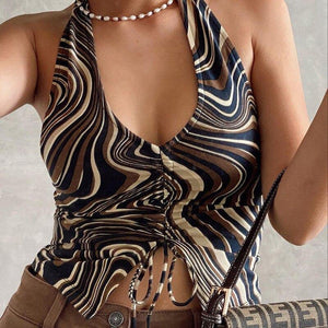 Zebra Print Ruched Lace Up Women Party Crop Tops Halter V - Sophornlilly