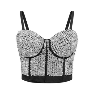 Sexy Women Silver Gold Sequin Rhinestone Top Lady Rave Outfit