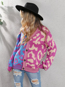 New Pink Leopard Cardigan Knitted Sweater V