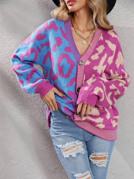 New Pink Leopard Cardigan Knitted Sweater V