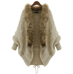 Knitted Cardigan Cloak Shawl Bat Sleeve Fur