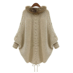 Knitted Cardigan Cloak Shawl Bat Sleeve Fur