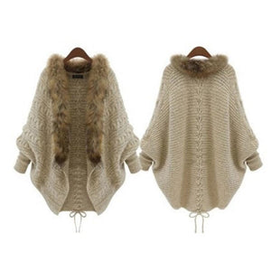 Knitted Cardigan Cloak Shawl Bat Sleeve Fur