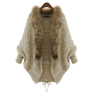 Knitted Cardigan Cloak Shawl Bat Sleeve Fur