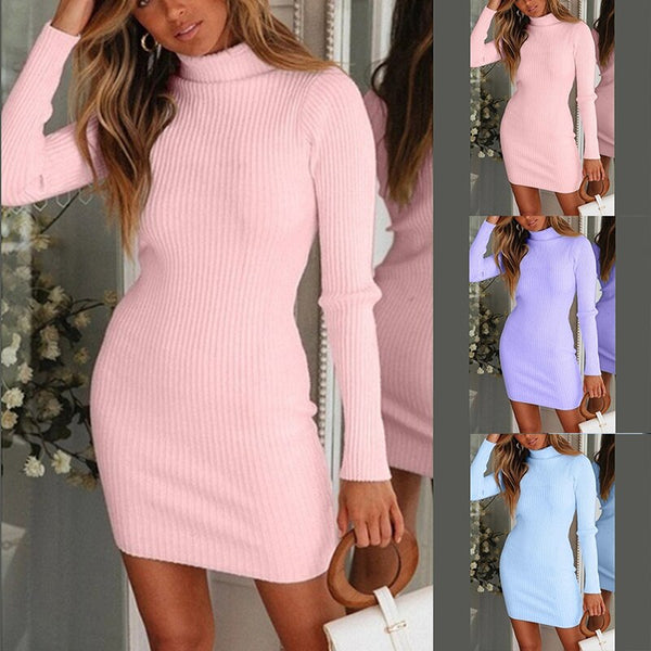 Autumn Winter Warm Long Sleeve Women Knitted Sweater Dress Pink