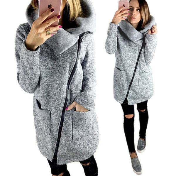 Autumn Winter Women Jacket Solid Color Long Sleeve Coat Diagonal