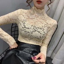 Load image into Gallery viewer, Autumn Women Thin Black Lace T shirt Sexy Turtleneck Long Sleeve Slim