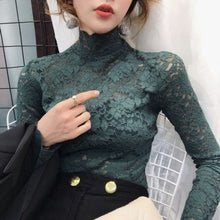 Load image into Gallery viewer, Autumn Women Thin Black Lace T shirt Sexy Turtleneck Long Sleeve Slim