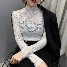 Load image into Gallery viewer, Autumn Women Thin Black Lace T shirt Sexy Turtleneck Long Sleeve Slim