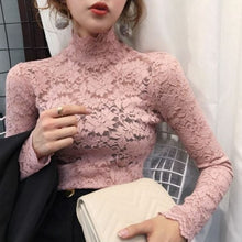 Load image into Gallery viewer, Autumn Women Thin Black Lace T shirt Sexy Turtleneck Long Sleeve Slim