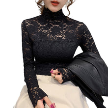 Load image into Gallery viewer, Autumn Women Thin Black Lace T shirt Sexy Turtleneck Long Sleeve Slim
