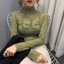 Load image into Gallery viewer, Autumn Women Thin Black Lace T shirt Sexy Turtleneck Long Sleeve Slim