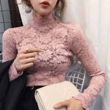 Load image into Gallery viewer, Autumn Women Thin Black Lace T shirt Sexy Turtleneck Long Sleeve Slim
