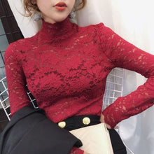 Load image into Gallery viewer, Autumn Women Thin Black Lace T shirt Sexy Turtleneck Long Sleeve Slim