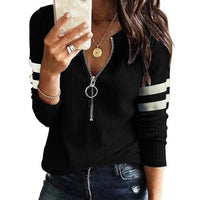 Zipper V Neck Knit Shirt Solid Color Stripe