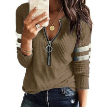 Load image into Gallery viewer, Zipper V Neck Knit Shirt Solid Color Stripe