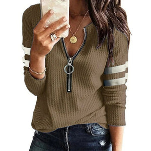 Zipper V Neck Knit Shirt Solid Color Stripe