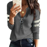 Zipper V Neck Knit Shirt Solid Color Stripe