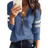 Zipper V Neck Knit Shirt Solid Color Stripe