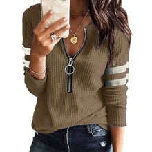 Load image into Gallery viewer, Zipper V Neck Knit Shirt Solid Color Stripe